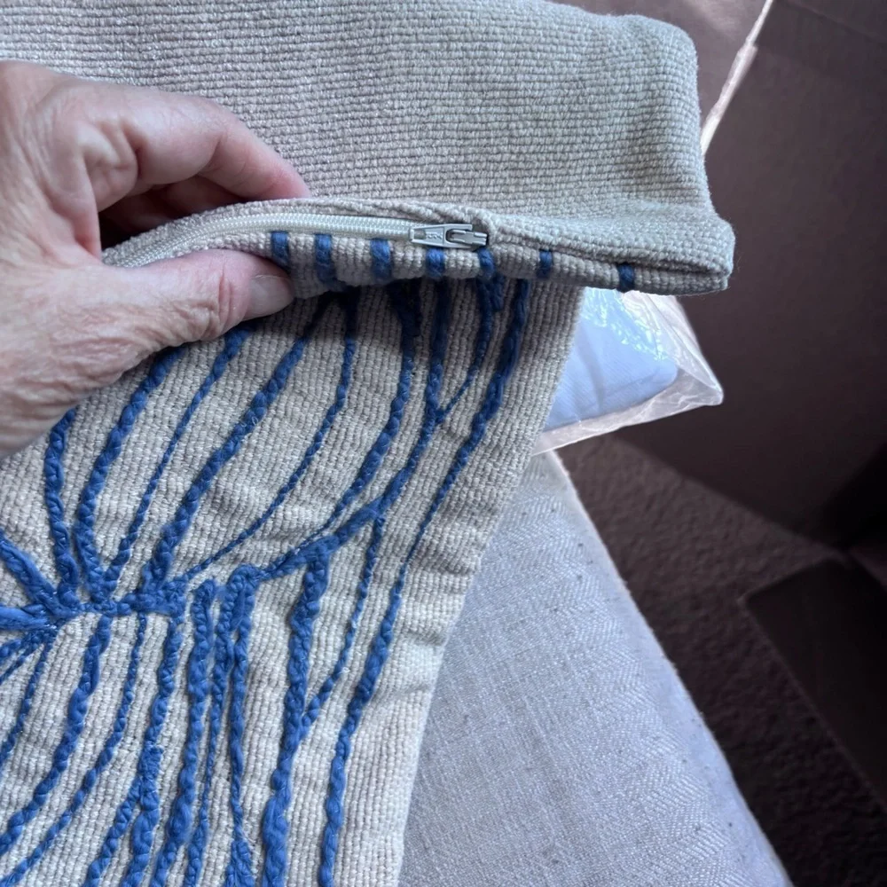 Bloomingville, Natural and Blue Azure Lines Embroidered Cotton Pillow 20 x 20”
